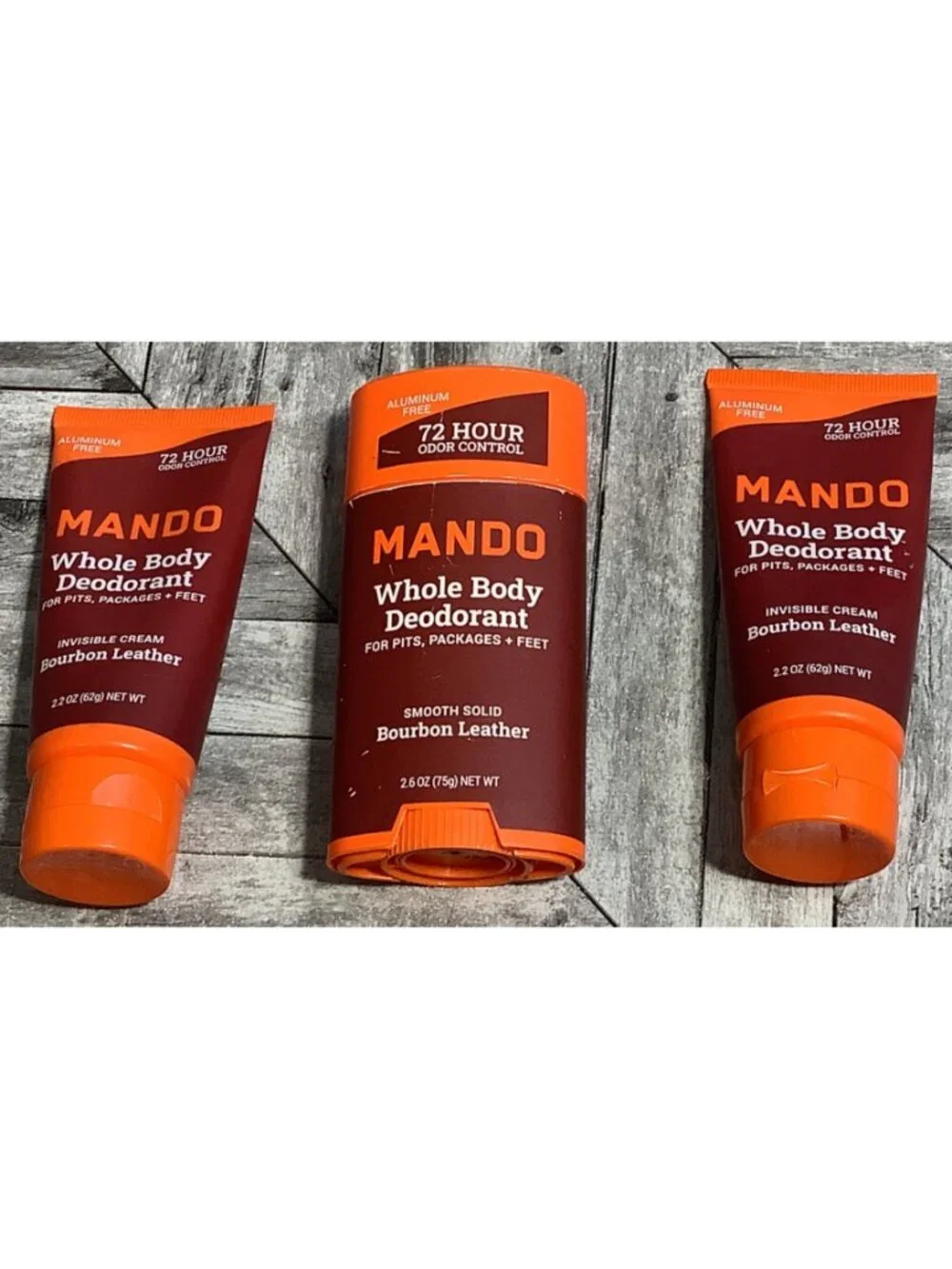 3 Mando Whole Body Deodorant Bourbon Leather Cream 2.2 Oz & 2.6 Oz Stick 72 Hour